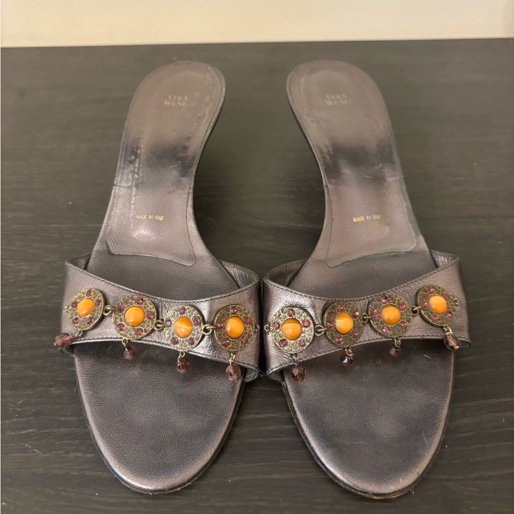 Vera Wang Brown Leather Slide Heels with Orange Gem Accents